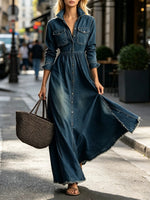 Casual Retro Raw-hem Maxi Denim Dress