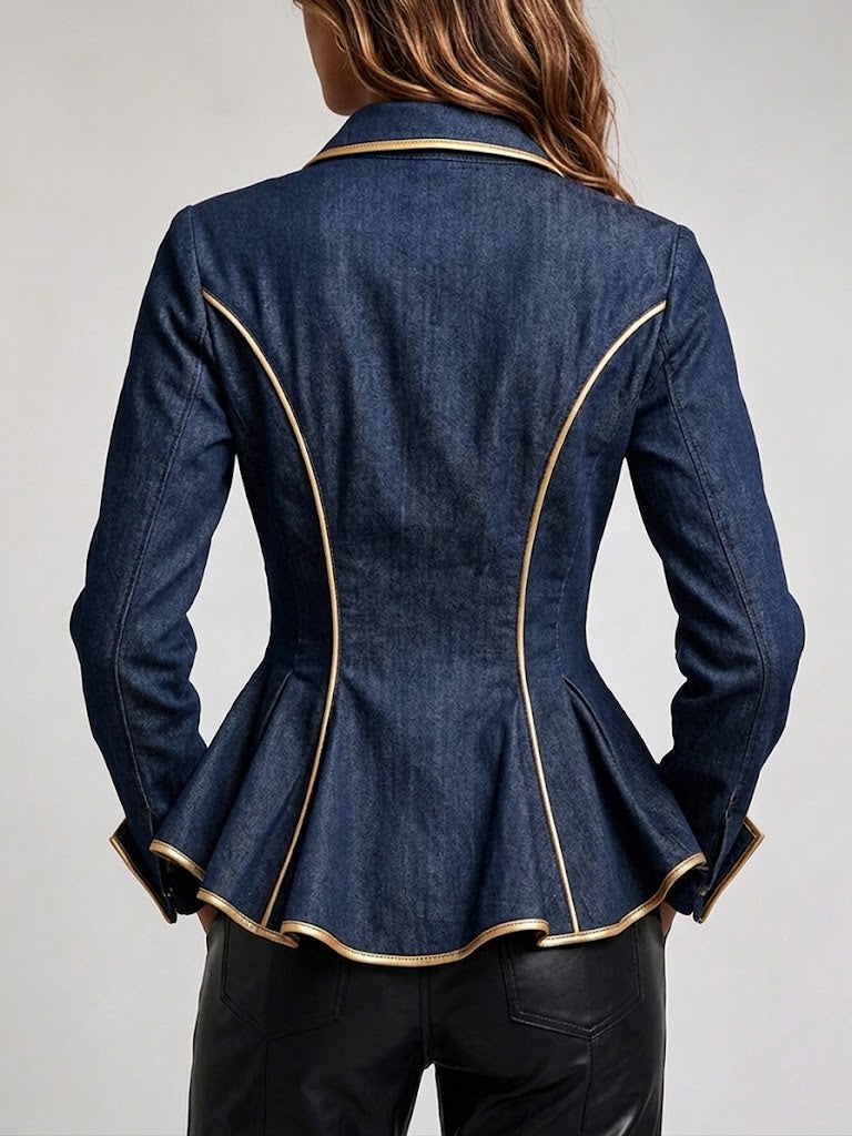 Chic And Elegant Denim Shirt With Gold Trim And A Ruffled Hem.