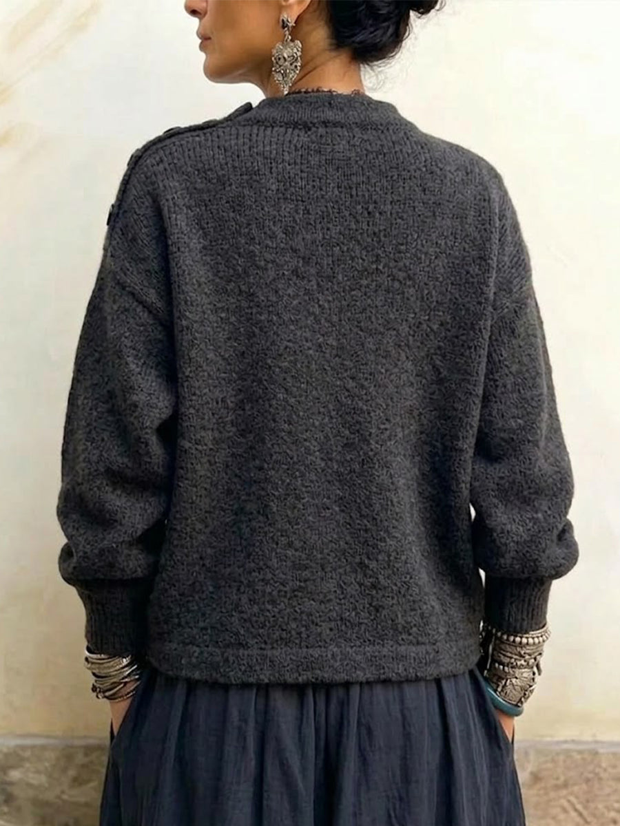 Knitted Sweater With An Asymmetrical, Overlapping, Button-fastened Hem