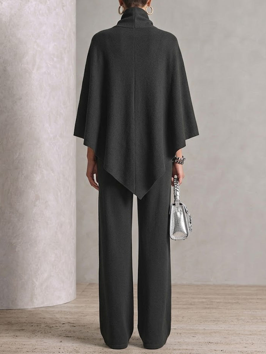 Two-piece Set Featuring A High-neck Cape-style Top And Wide-leg Trousers