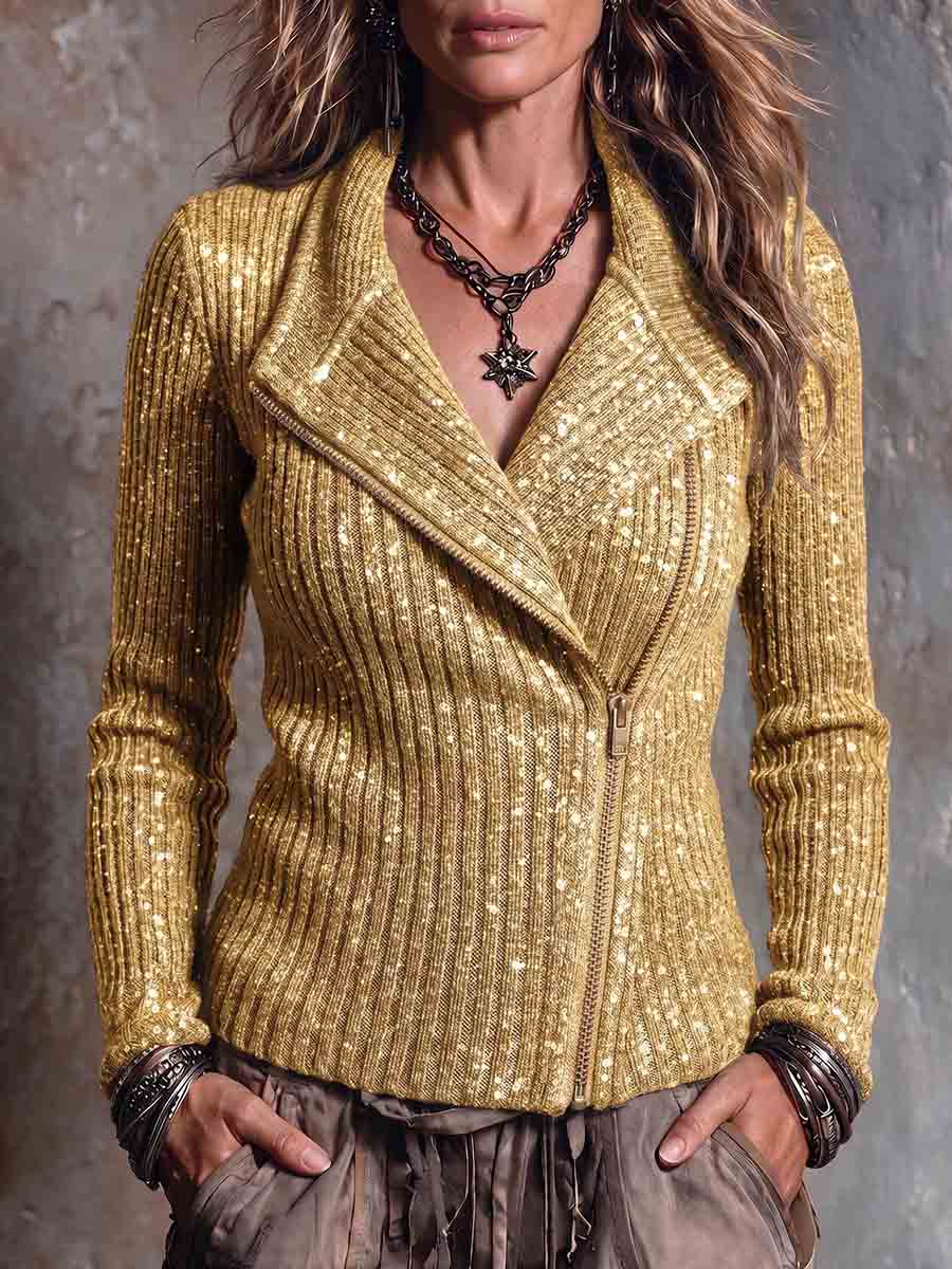 Women's Solid Color Collared Long Sleeve Casual Loose Sequined Knit Top