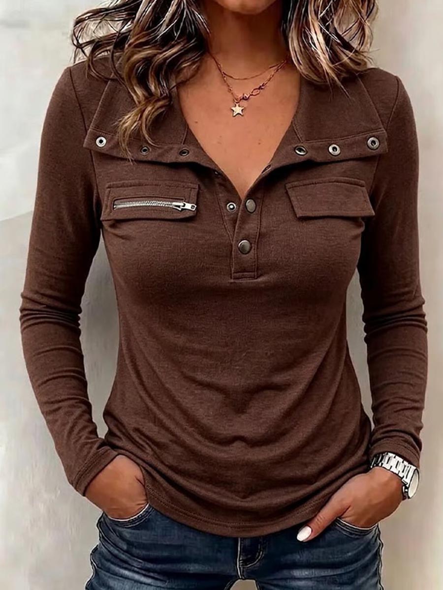 Women's Casual Long Sleeve Snap Button Henley Top With Pocket Details