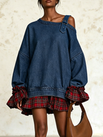 Edgy Buckle Strap Asymmetrical Denim Mini Dress