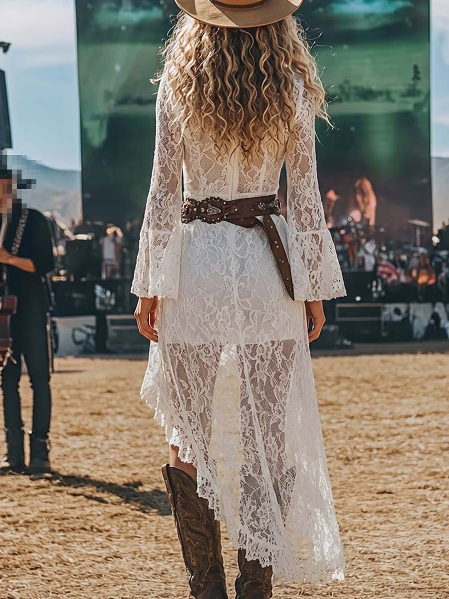 Boho White Lace Deep V-Neck High-Low Maxi Dress(Belt not included)