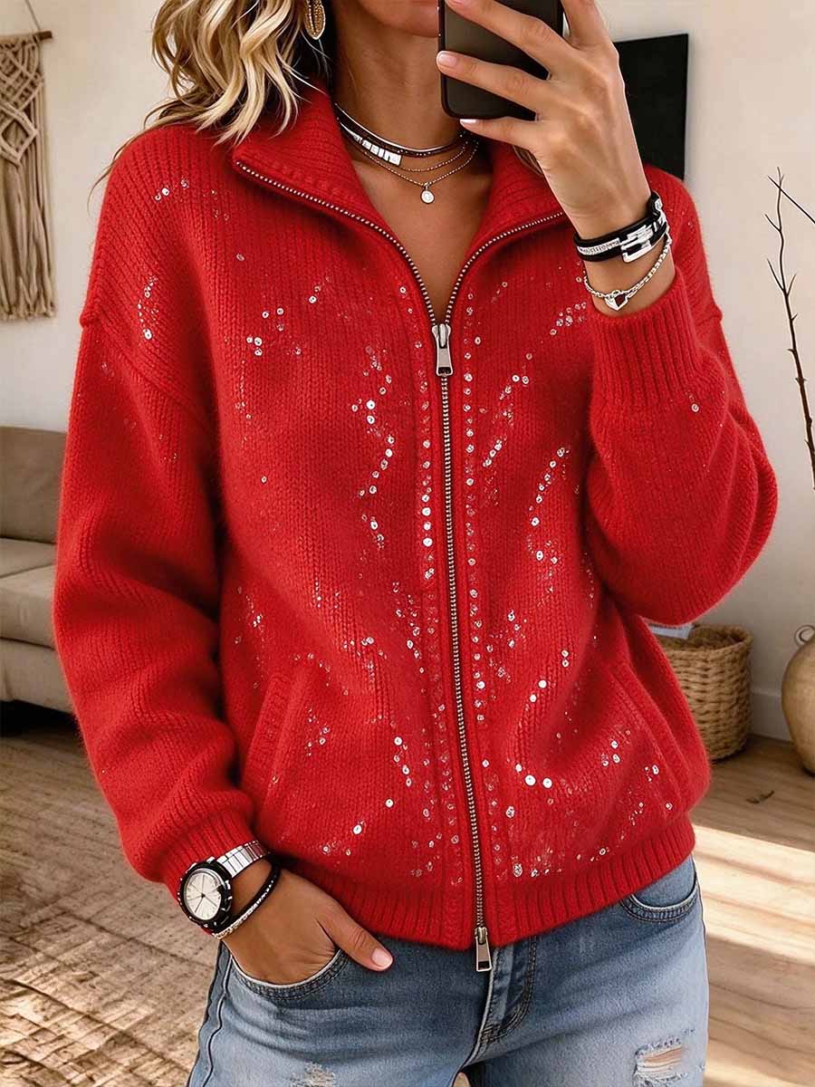 Women's Sparkly Sequin Red Zip-up Knit Sweater Jacket