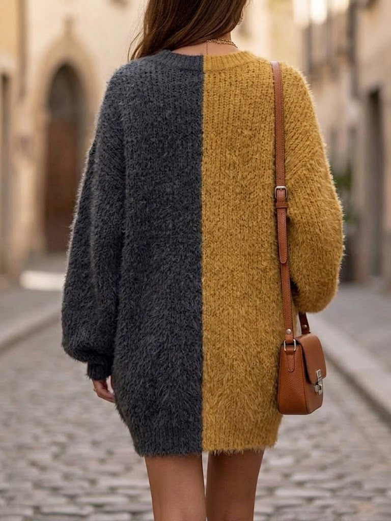 Color-block V-neck Asymmetrical Fuzzy Button-up Knit Cardigan Dress