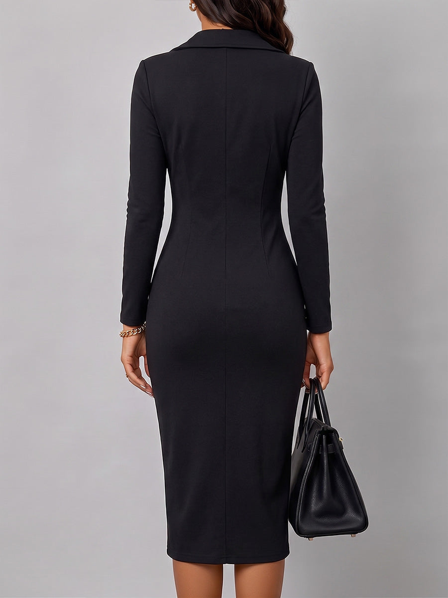 Women's Solid Color Suit Collar Long Sleeve Casual Slim Fit Bodycon Dress
