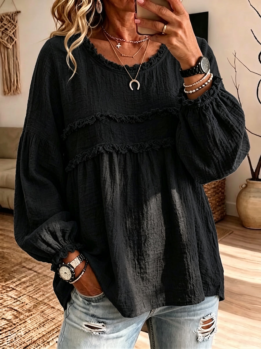 Casual Raw-edge Ruffled Cotton-linen Blend Pleated Top
