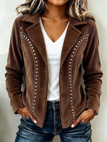 Women's Solid Color Long-sleeve Corduroy Jacket With Studs, Lapel, And Loose Casual Fit