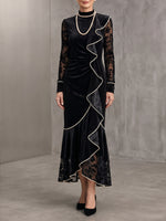 Chic Mock-Neck Velvet & Sheer Velvet Ruffle Midi Dress