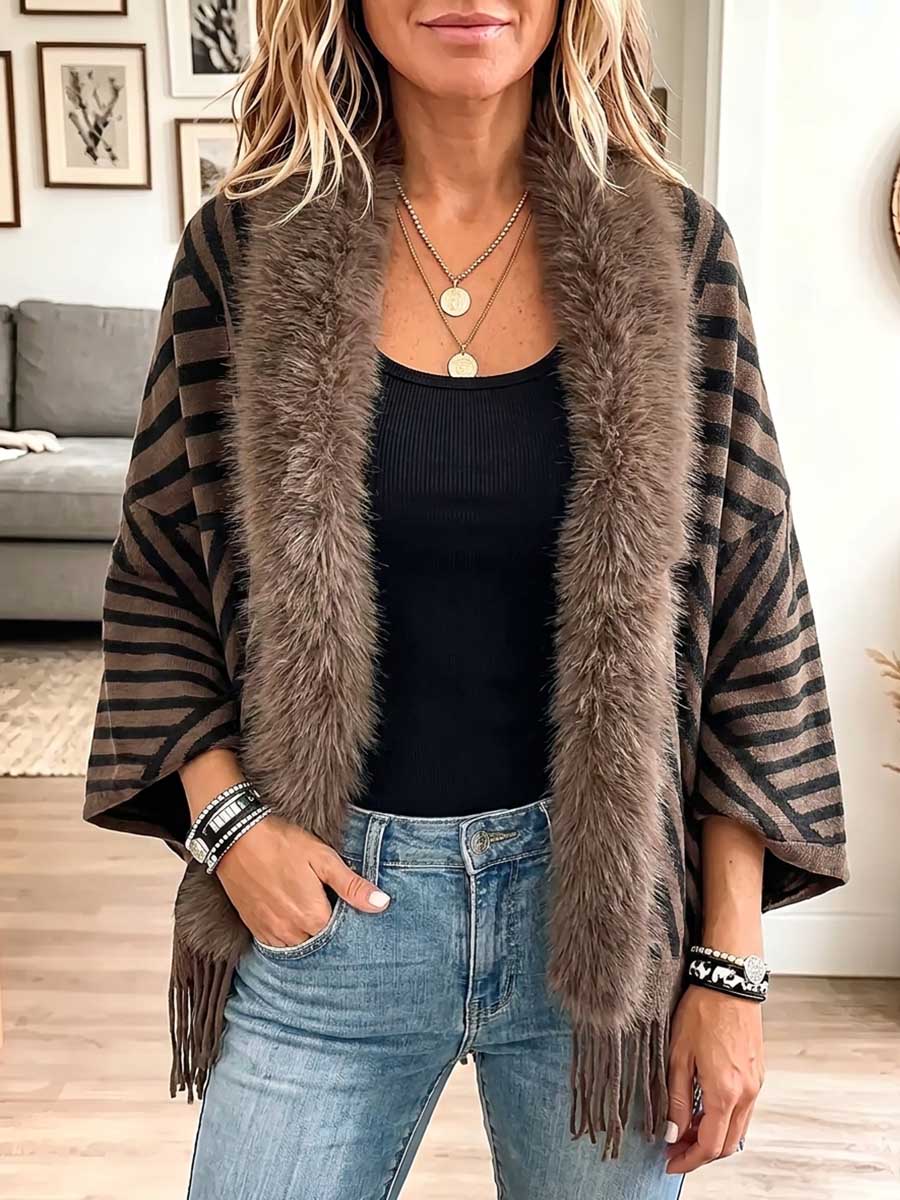 Women's Striped Printed Long-sleeved Casual Loose-fitting Fringed Mink Fur Patchwork Knit Cardigan