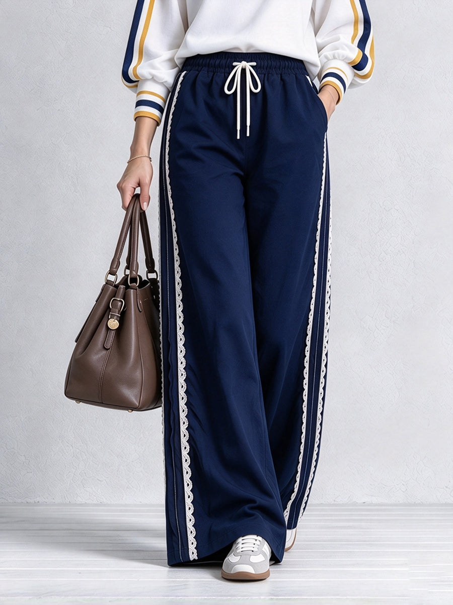 Casual Wide-leg Pants With Lace Trim And An Elastic Waist