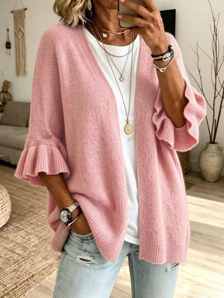 Solid-color, Loose-fit, Casual Knit Cardigan With Three-quarter Sleeves