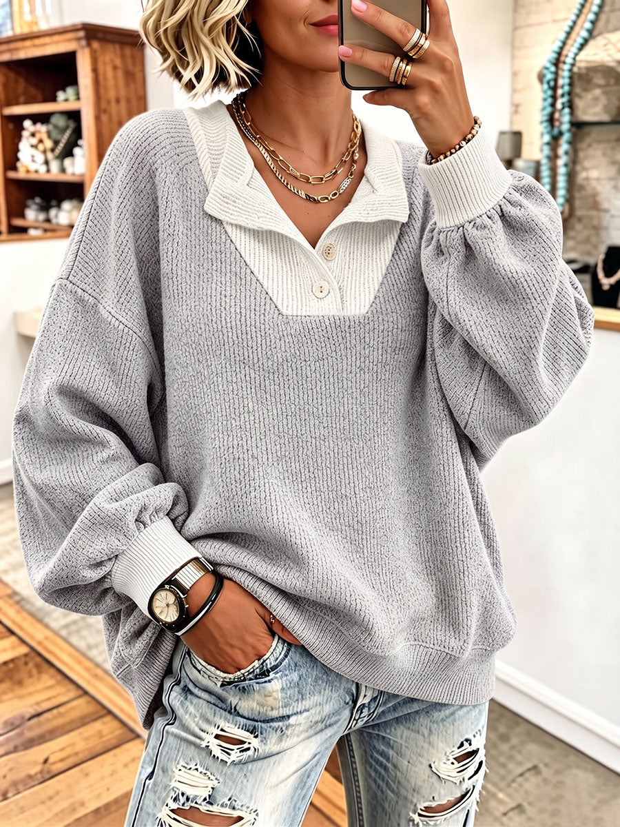 Cozy Contrast Polo Collar Sweater