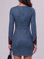 Women's Round Neck Long Sleeve Casual Loose Lace-trimmed Slim Denim Bodycon Dress