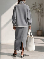 Chic Casual Grey Half-zip Sweatshirt Set With Contrasting Piping