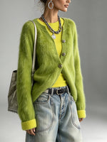 Chic Lime-green Fuzzy-textured Knit Cardigan