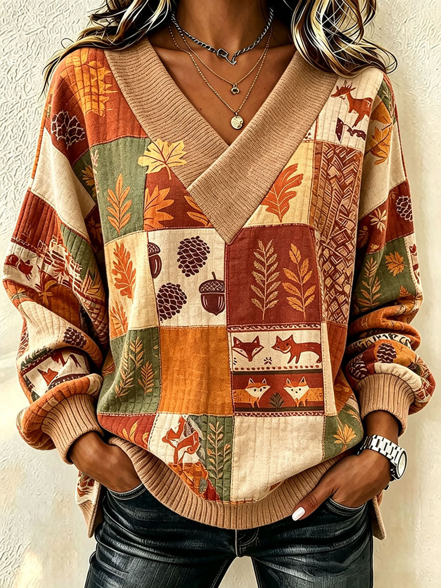 Chic Autumn-themed Patchwork Print Waffle Knit Pullover