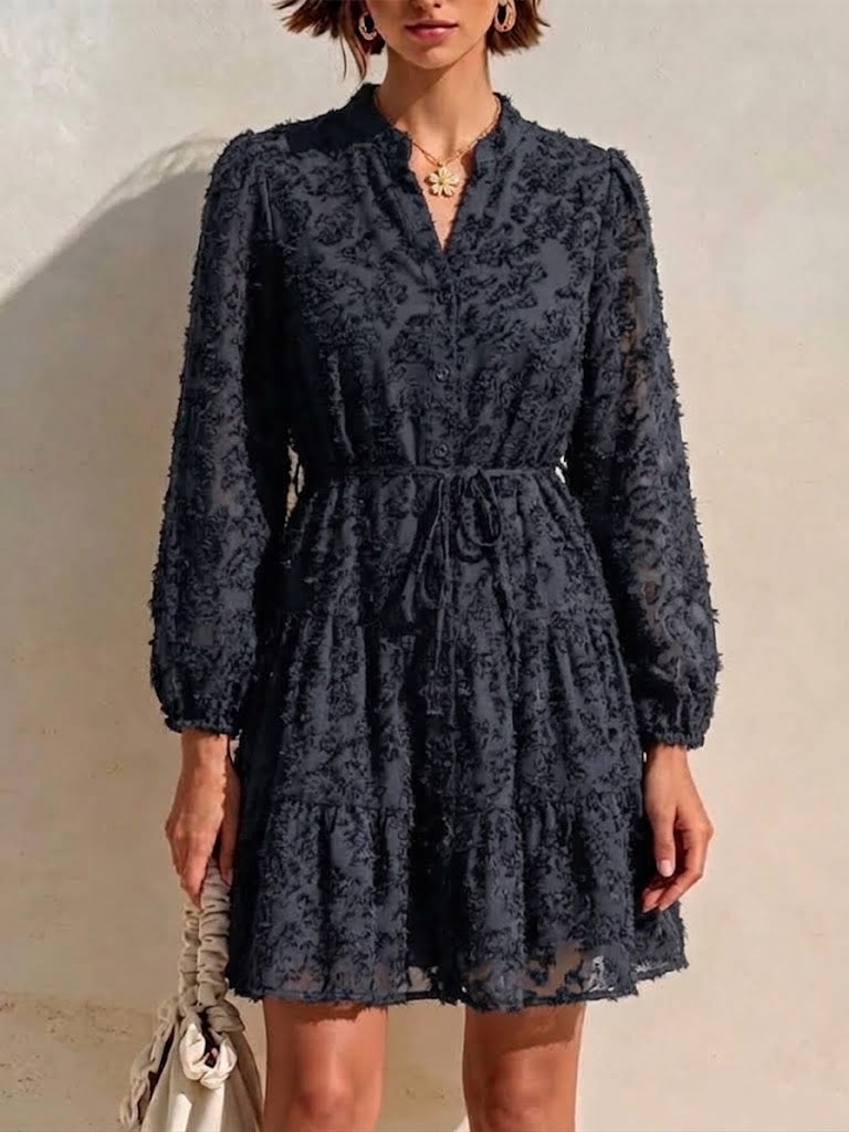 Long-sleeve, Short Dress Featuring A V-neck, Partial Button Placket, Tie-waist, And Ruffled Hem, Crafted From Jacquard Fabric With A Cut-out Floral Design