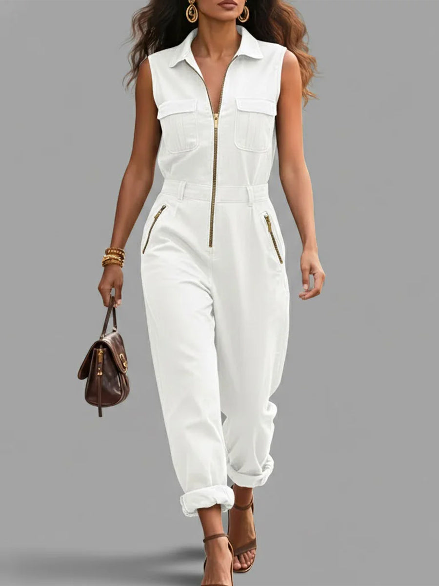 Fashionable And Casual Zippered Sleeveless Cotton Jumpsuit
