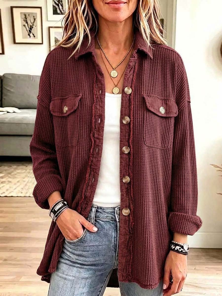 Women's Solid Color Collared Long-sleeved Casual Loose Waffle Shirt