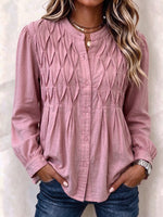 Comfortable Linen Pleated Smocked-Front Button-Down Blouse