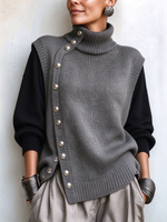 Chic Asymmetric Side-button Turtleneck Cozy Knit Vest