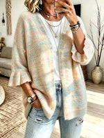 Solid-color, Loose-fit, Casual Knit Cardigan With Three-quarter Sleeves