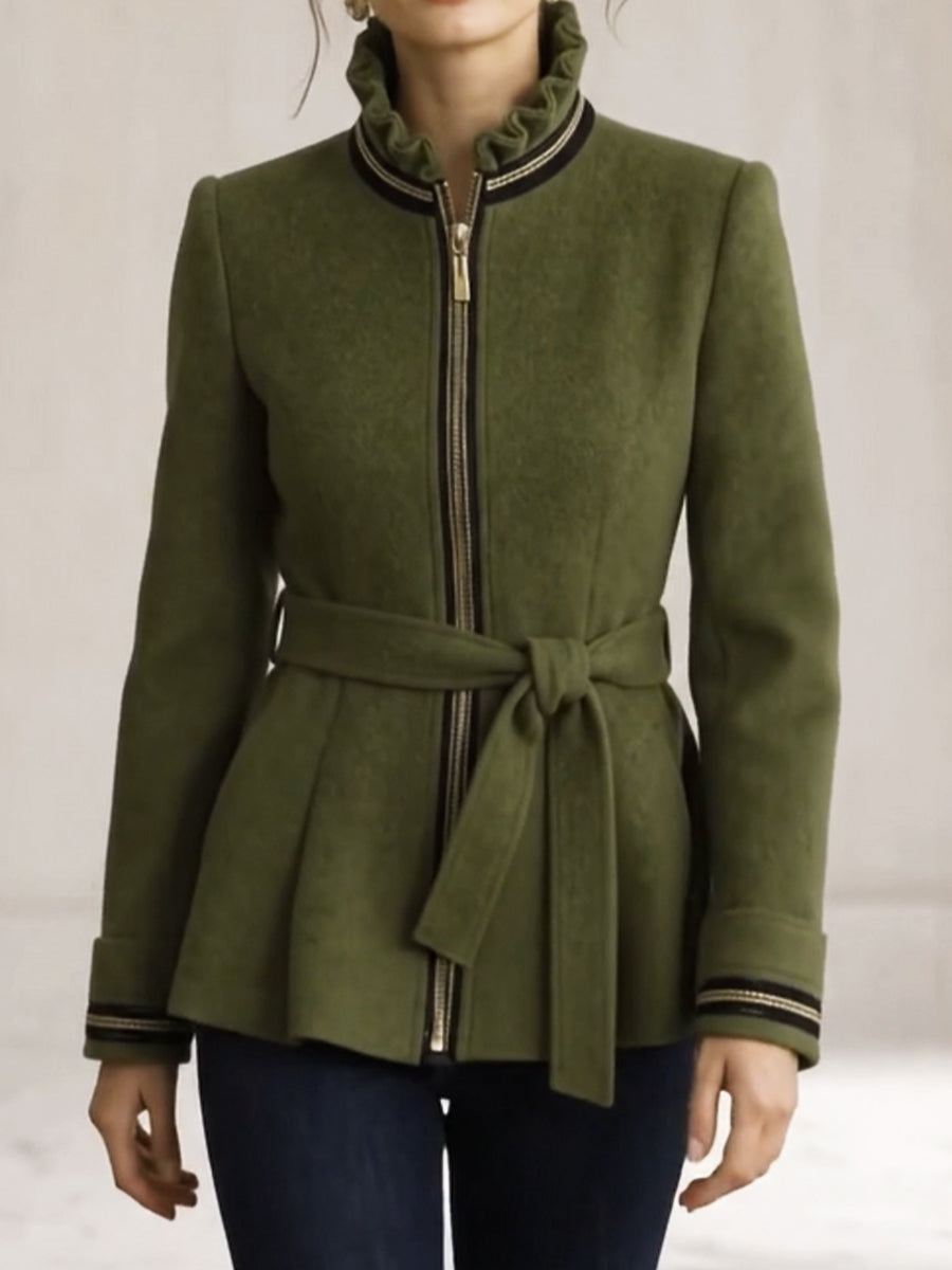 Stylish Wool-blend Jacket With Ruffled Stand Collar, Tie Detail, And Ruffled Hem
