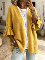 Solid-color, Loose-fit, Casual Knit Cardigan With Three-quarter Sleeves