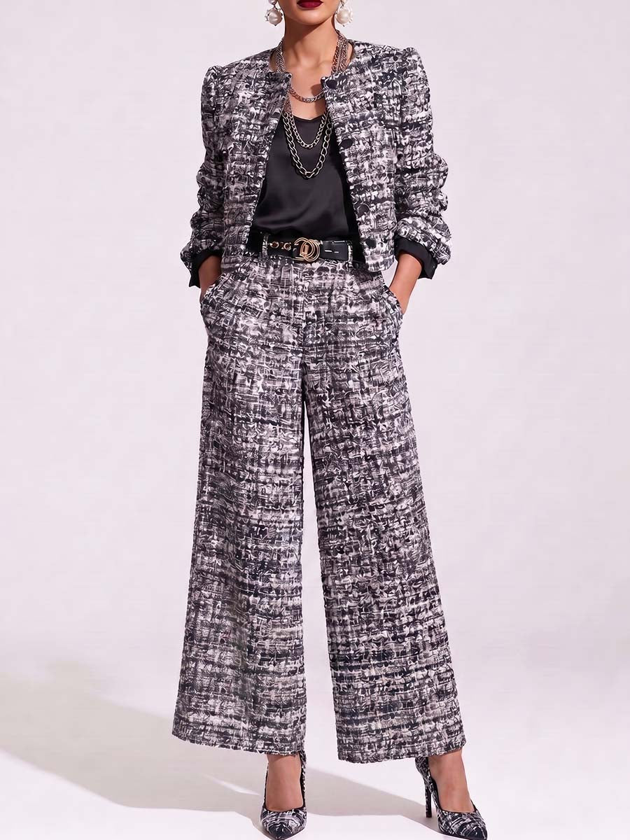Women's Round Neck Long Sleeve Casual Loose Tweed Cardigan High Waist Wide Leg Pants Suit