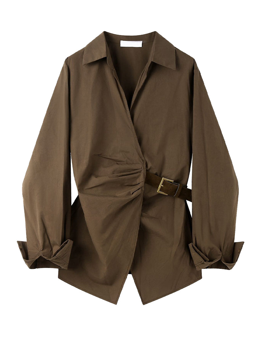 Chic Casual Lace-up Ruched Wrap-style Cotton Shirt