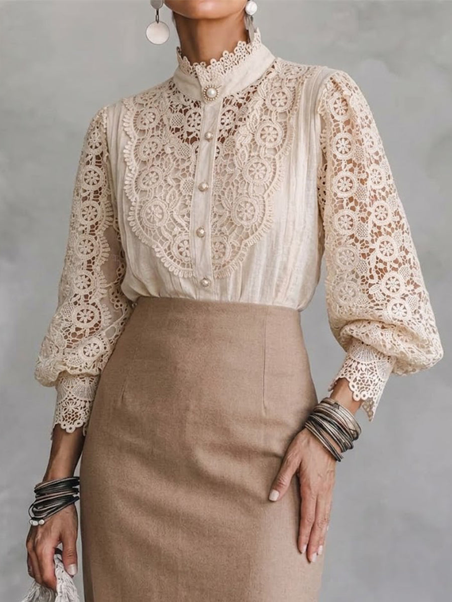Vintage Stand Collar Hollow Lace Spliced Pearl Button Lantern Sleeve Blouse