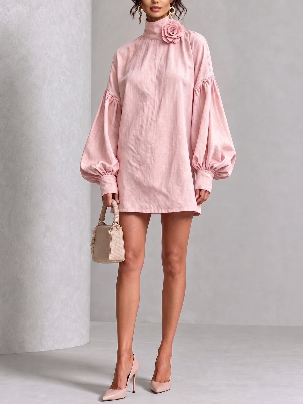 Chic Blush Pink Flower Lantern Sleeve Mini Dress