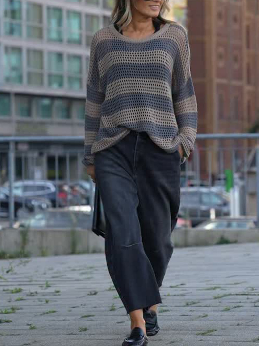 Loose, Cozy, And Casual Striped Open-knit Top