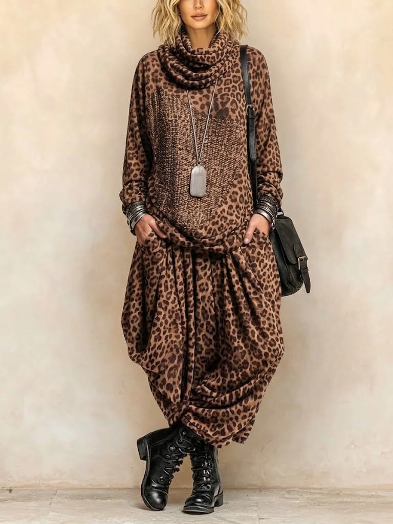 Turtleneck Leopard Print Loose Top & Harem Wide Leg Pants Set