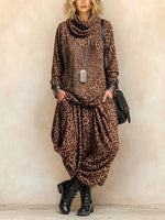 Turtleneck Leopard Print Loose Top & Harem Wide Leg Pants Set