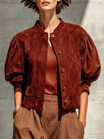 Chic Faux Suede Cropped Jacket With Puff Sleeves