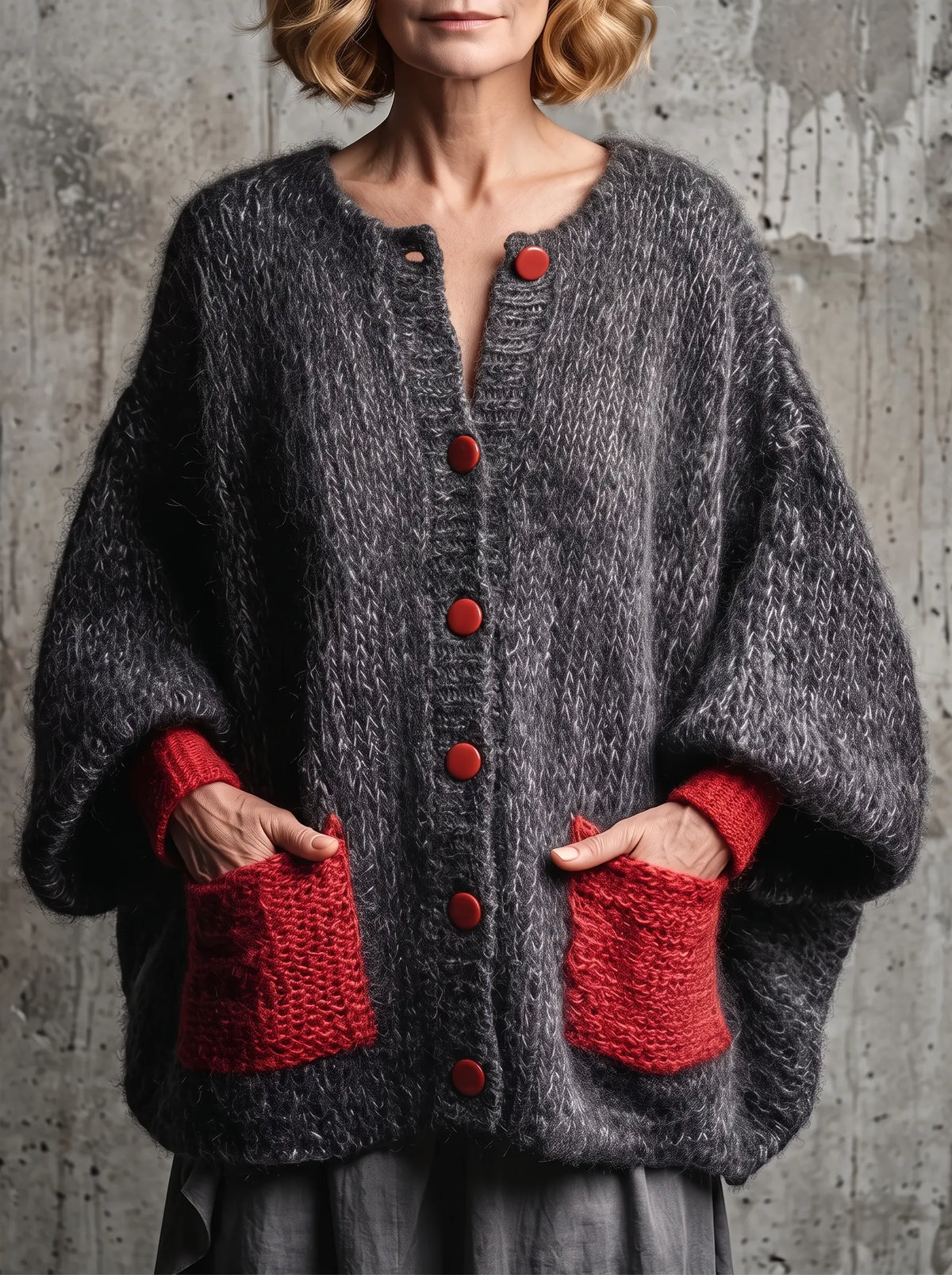 Chic Charcoal & Red Contrast Pocket Knit Cardigan