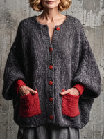 Chic Charcoal & Red Contrast Pocket Knit Cardigan