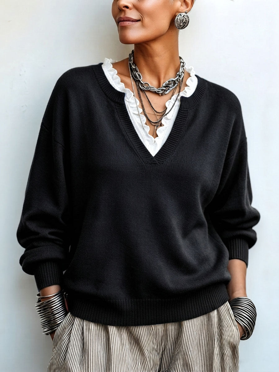 Chic Elegant False Two-piece Lace-trim Sweater F