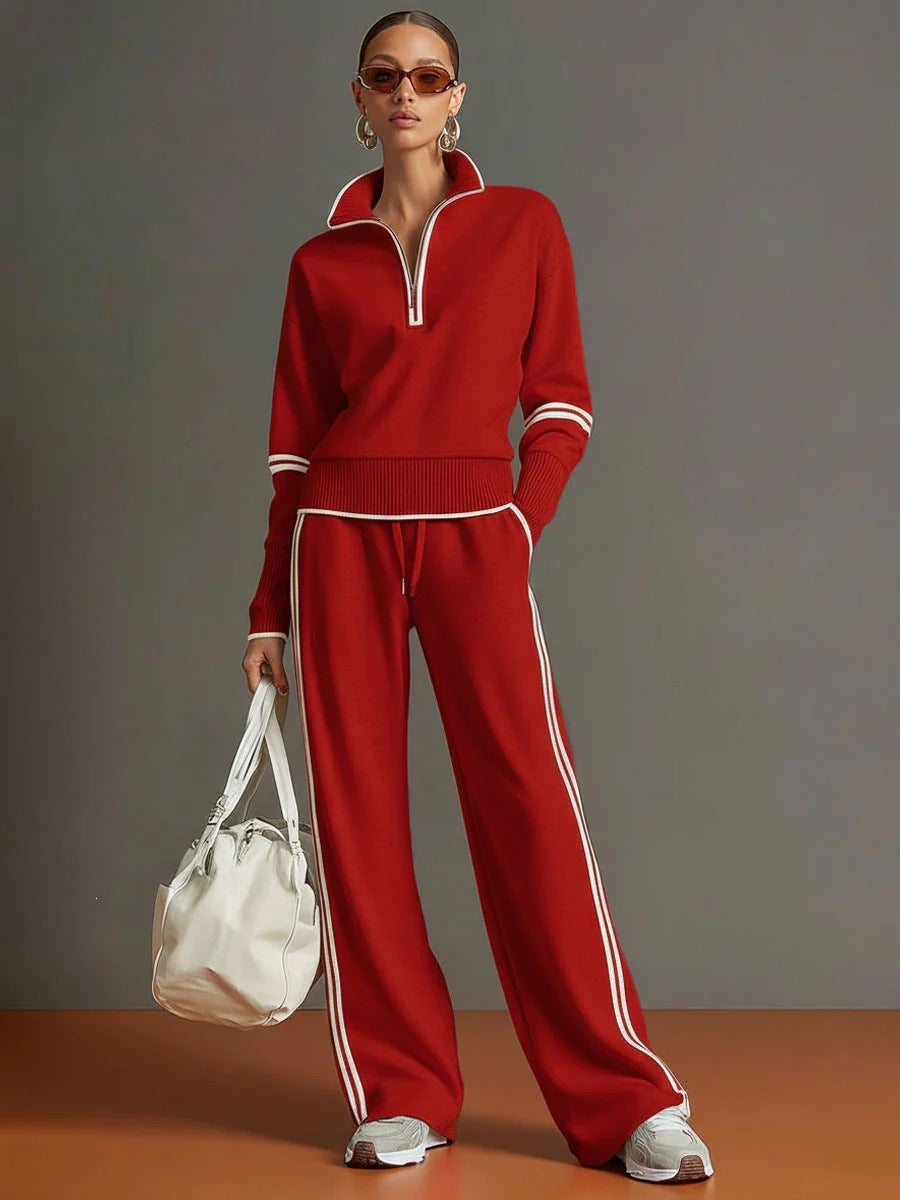 Casual Two-piece Set Featuring A Half-zip Cotton Sweatshirt And Pants With Color-block Piping.