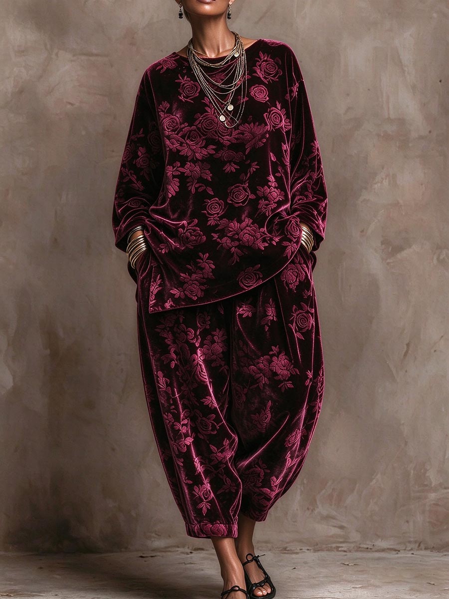Women's Vintage Burgundy Floral Embossed Velvet Two-piece Set