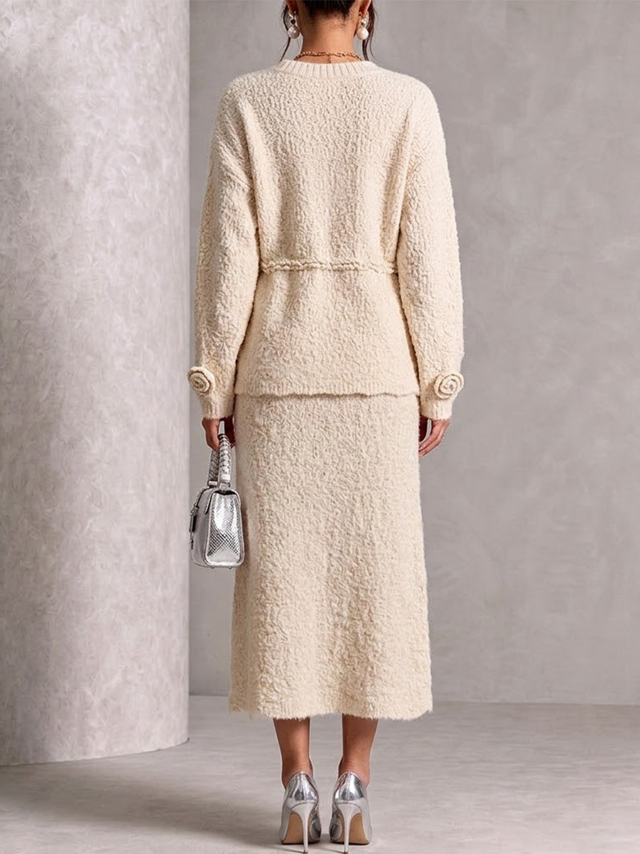 3d Floral Knit Cardigan & Cami Midi Dress Two‑piece Set