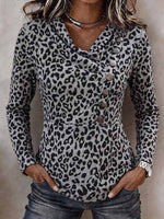 Women's Leopard Print Cowl Neck Long-sleeve Slim-fit Casual Top