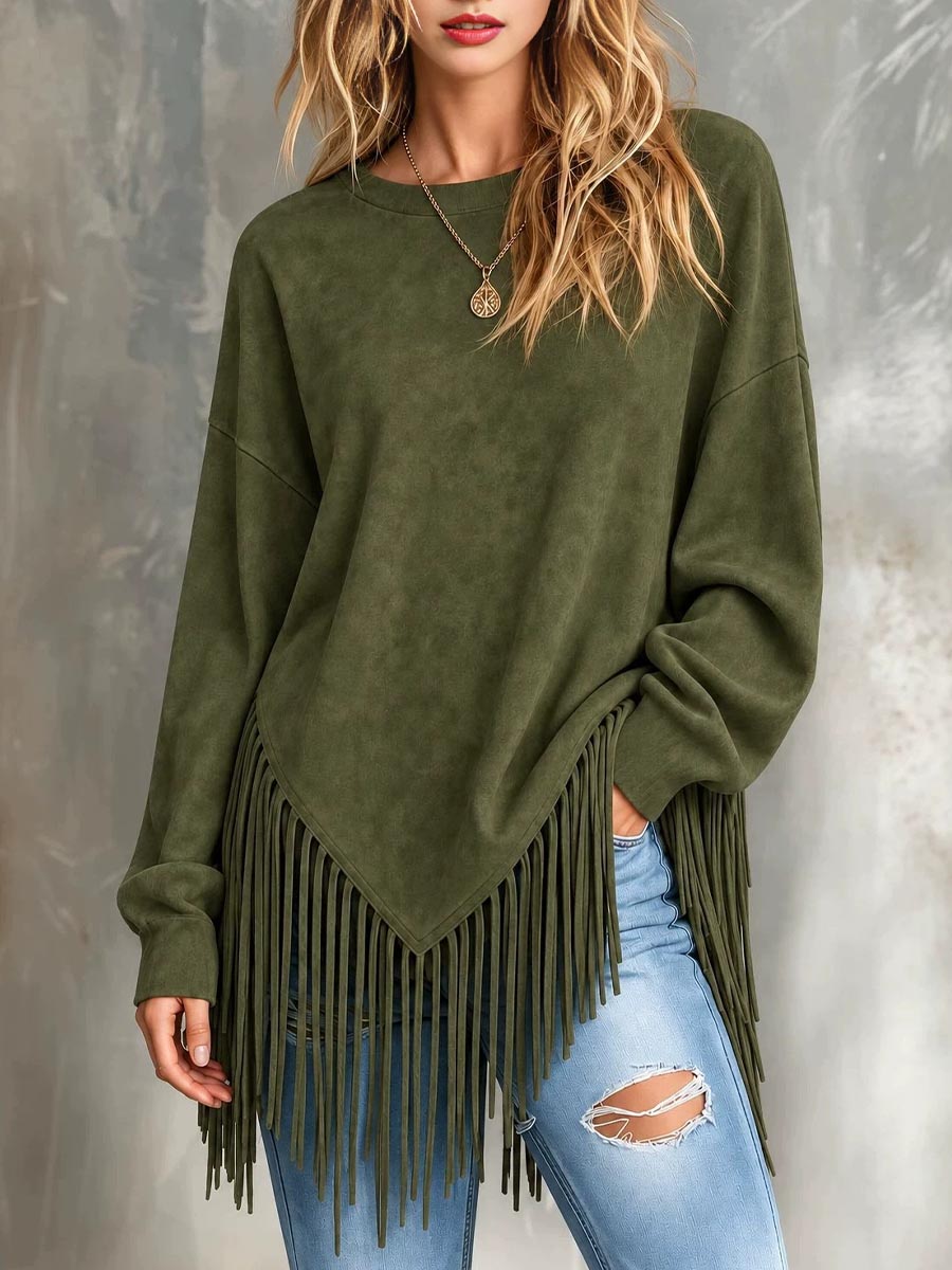 Women's Solid Color Crew Neck Long-sleeve Loose Casual Tassel Top