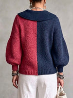 Color-block Oversized Lapel Knit Cardigan With An Asymmetric Buttoned Diagonal Placket And Lantern Sleeves