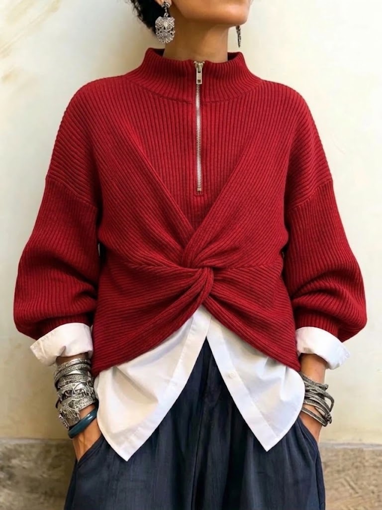 Half-zip Mock-neck Twisted-detail Knit Top