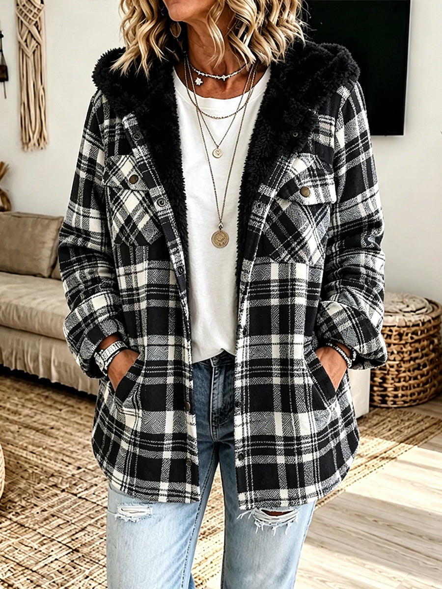 Casual Plaid Fleece Hooded Shacket