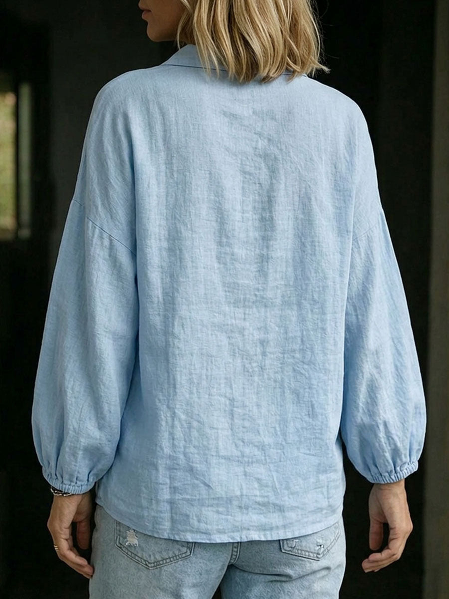 Women's Solid Color Collared Long-sleeved Casual Loose Cotton Linen Pullover